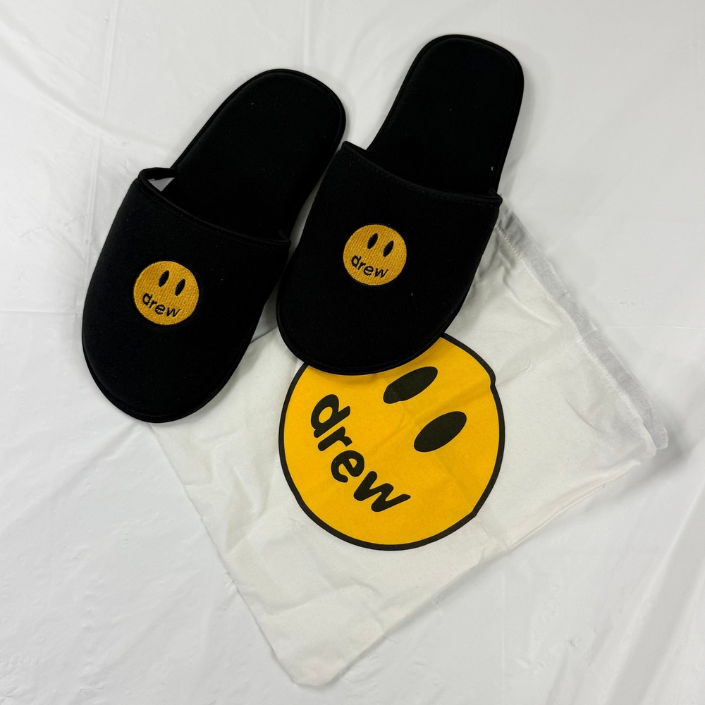 Drew House Mascot Slippers Black Yellow Smiley Face Slide L/XL Justin Bieber